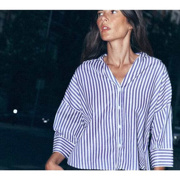 Zara Tops - Zara Women’s Tunic-Like Blue and White Stripe Button Down Collared Top Summer